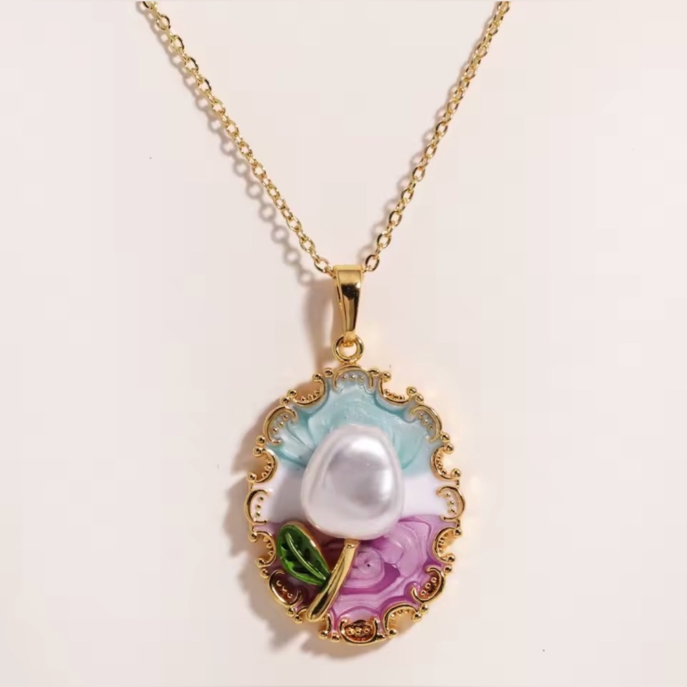 Floral and Pearl Enamel Charm Pendant Necklace